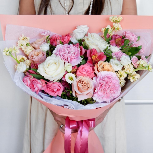 Rose Cream 50 cm - 6, White rose 50 cm - 5, lisianthus - 3, Pink carnation - 6, Alstromeria white, soft pink - 5, Spray rose: white, cream, light pink 50 cm - 3, White Matthiola - 5, Pink spray carnation - 4, Pistachio, Wrapping Paper