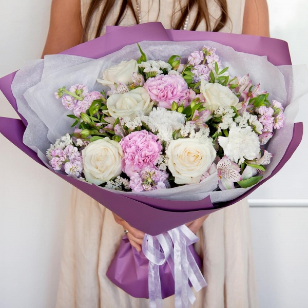 Alstromeria white, soft pink - 7, White rose 50 cm - 9, Carnation white, cream - 5, Pink Matthiola - 7, Pink carnation - 4, Pistachio, Wrapping Paper, White statice