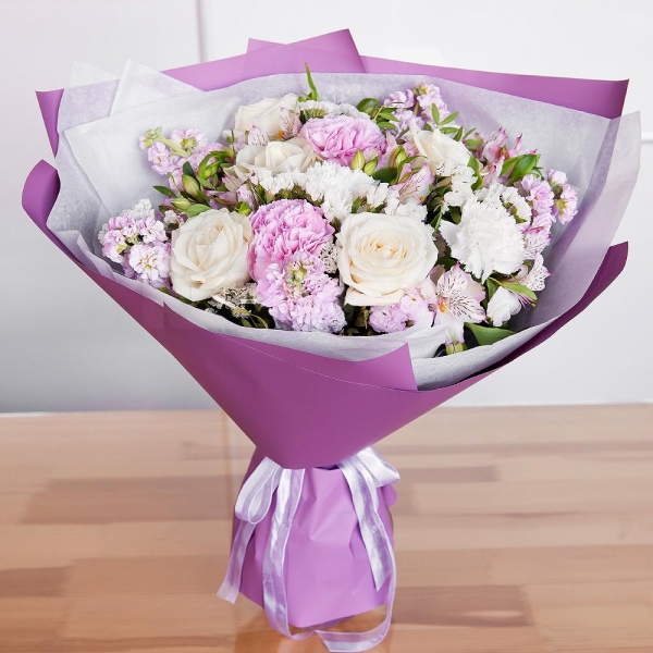 Alstromeria white, soft pink - 7, White rose 50 cm - 9, Carnation white, cream - 5, Pink Matthiola - 7, Pink carnation - 4, Pistachio, Wrapping Paper, White statice