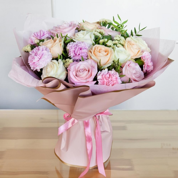 Rose Cream 50 cm - 6, White rose 50 cm - 6, Pink rose 50 cm - 6, Pink carnation - 10, Yellow Statice, Pistachio, Wrapping Paper