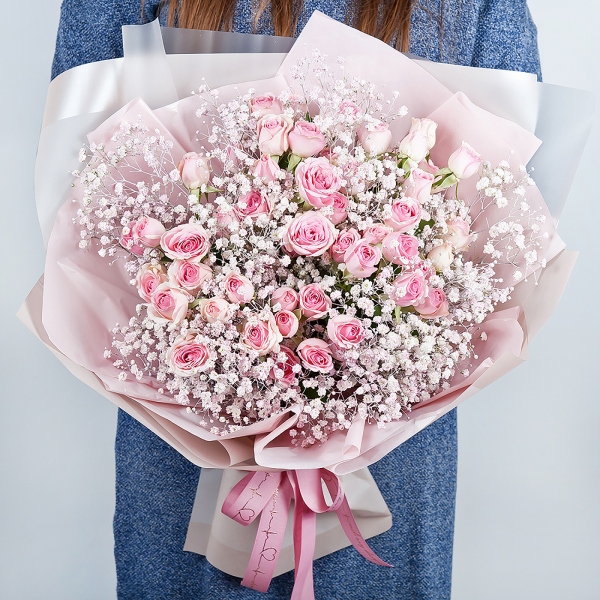 Bright pink spray rose mix, 50 cm - 9, Colored gypsophila - 9, Wrapping Paper