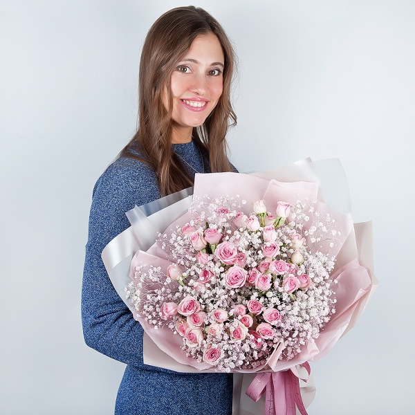 Bright pink spray rose mix, 50 cm - 9, Colored gypsophila - 9, Wrapping Paper