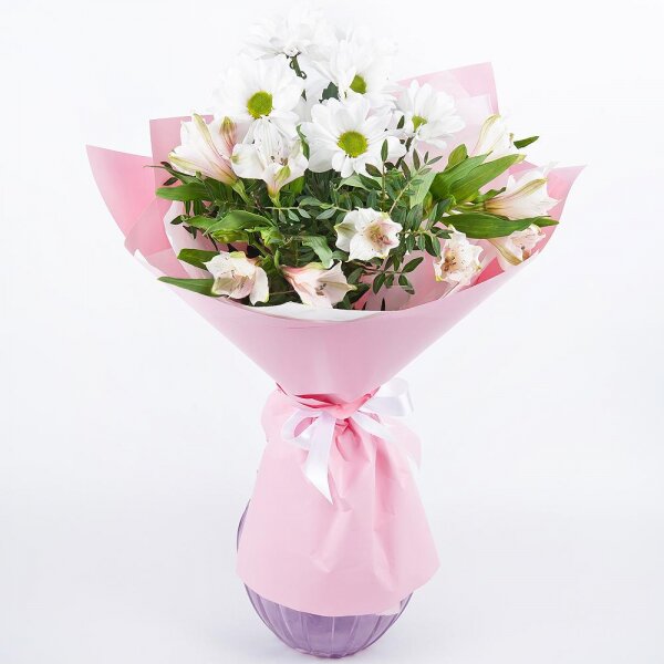 Bacardi White Spray Chrysanthemum - 2, Alstromeria white, soft pink - 2, Pistachio, Wrapping Paper, Ribbon