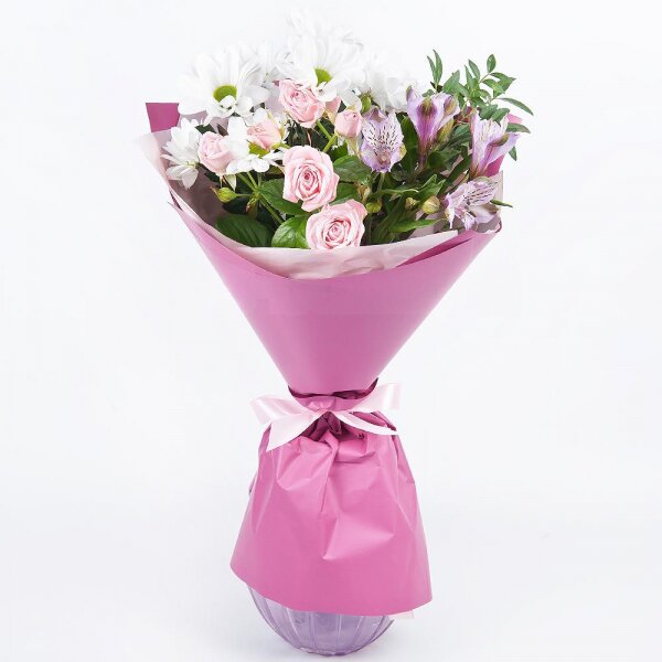 Bacardi White Spray Chrysanthemum - 2, Alstromeria lilac, purple - 2, Bright pink spray rose mix, 50 cm - 2, Wrapping Paper, Pistachio