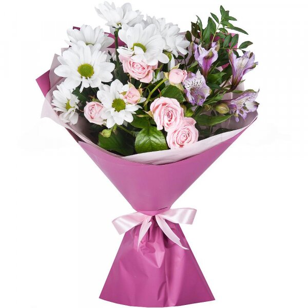 Bacardi White Spray Chrysanthemum - 2, Alstromeria lilac, purple - 2, Bright pink spray rose mix, 50 cm - 2, Wrapping Paper, Pistachio