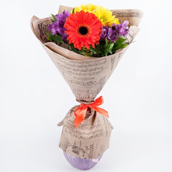 Gerbera red - 1, Bacardi Yellow Spray Chrysanthemum - 2, Alstromeria lilac, purple - 4, Pistachio, Wrapping Paper, Ribbon