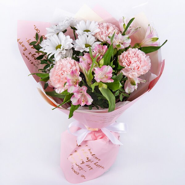 Bacardi White Spray Chrysanthemum - 1, Alstromeria white, soft pink - 3, Pink carnation - 4, Pistachio, Wrapping Paper