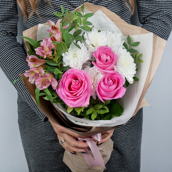 Baltica White Spray Chrysanthemum - 1, Alstromeria white, soft pink - 2, Pink rose 50 cm - 5, Pistachio, Wrapping Paper, Ribbon