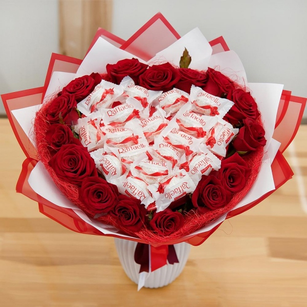 Red rose 50 cm - 23, Box of candies «Raffaello» 150 g, Bouquet frame structure, Wrapping Paper, Ribbon