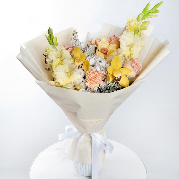 Bacardi White Spray Chrysanthemum - 2, Pink Gladiolus - 2, Orchid bud yellow/brown Cymbidium - 3, Carnation white, cream - 4, Pink rose 50 cm - 4, Flask for orchids, Solidago (1 pc.), Wrapping Paper