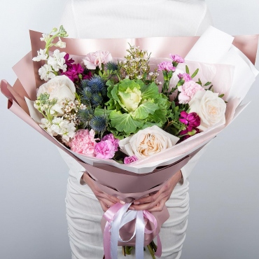 Peony style roses - 3, Matthiola Lilac - 2, Carnation spray - 4, Carnations - 3, Waxflower (1 pc.), Eryngium, Pistachio, Wrapping Paper, Brassica