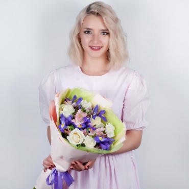 Irises - 5, White rose 50 cm - 3, Alstromeria white, soft pink - 3, Carnations - 3, Wrapping Paper