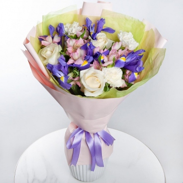 Irises - 5, White rose 50 cm - 3, Alstromeria white, soft pink - 3, Carnations - 3, Wrapping Paper