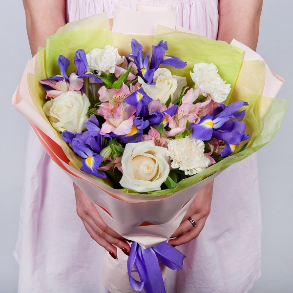 Irises - 6, White rose 50 cm - 7, Alstromeria white, soft pink - 5, Carnation white, cream - 5, Wrapping Paper