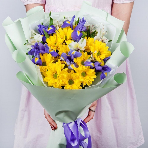 Bacardi Yellow Spray Chrysanthemum - 3, Irises - 6, Alstromeria white, soft pink - 4, Wrapping Paper