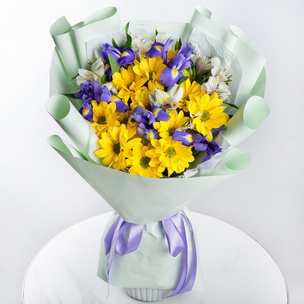 Bacardi Yellow Spray Chrysanthemum - 3, Irises - 6, Alstromeria white, soft pink - 4, Wrapping Paper