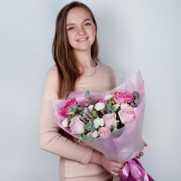 Peony rose pink 'OHara' - 3, Pink rose Country Blues 50 cm - 5, White spray carnation - 5, Pink carnation - 6, Brunia Green Lanuginosa (1 pc.), Eucalyptus, Wrapping Paper