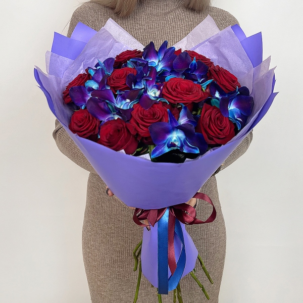 Red rose 50 cm - 11, Orchid Dendrobium - 13, Flask for orchids, Wrapping Paper