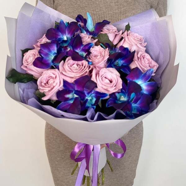 Pink rose 50 cm - 18, Orchid Dendrobium - 13, Flask for orchids, Wrapping Paper