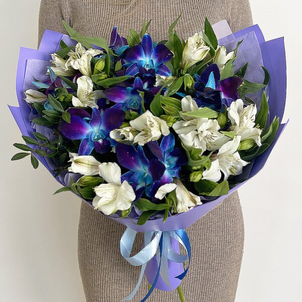 Alstromeria white, soft pink - 7, Orchid Dendrobium - 8, Flask for orchids, Pistachio, Wrapping Paper