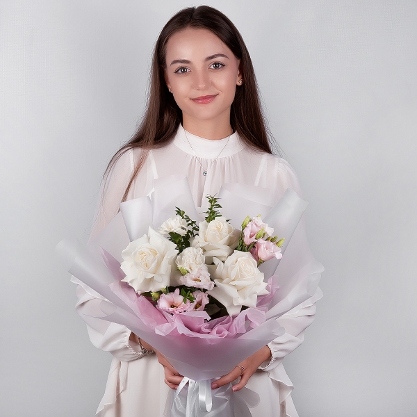 Carnation white, cream - 4, Pink Lisianthus (Eustoma) - 1, White rose 50 cm Ecuador - 3, Pistachio, Wrapping Paper