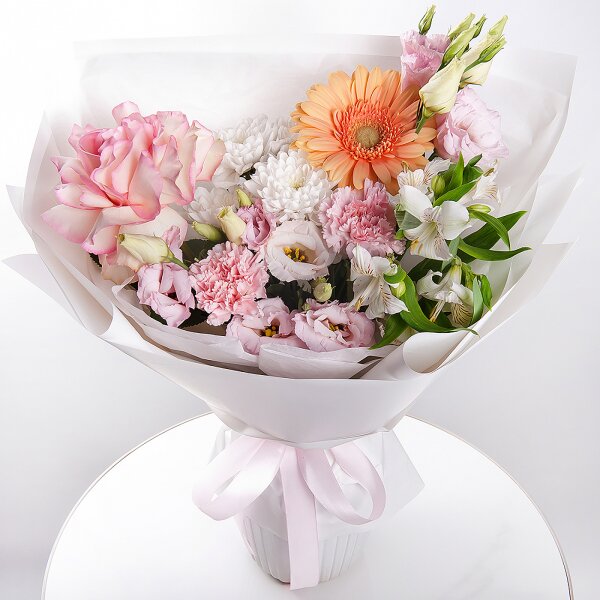 Rose Esperance - 1, Cream gerbera - 1, Baltica White Spray Chrysanthemum - 2, Alstromeria white, soft pink - 2, Pink carnation - 2, Pink Lisianthus (Eustoma) - 1, Wrapping Paper