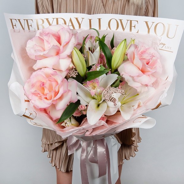 Lilies - 1, Rose Esperance - 5, Alstromeria white, soft pink - 7, Bright pink spray rose mix, 50 cm - 2, Ozotamnus, Wrapping Paper