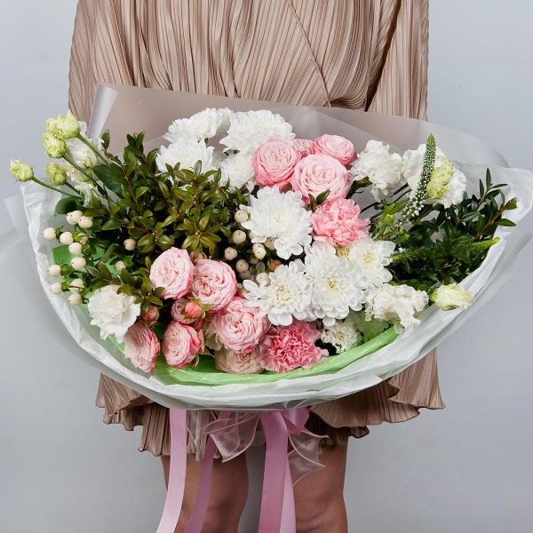 Baltica White Spray Chrysanthemum - 4, Peony sprayrose - 2, lisianthus - 2, Pink carnation - 9, Veronica spray, Hypericum, Pistachio, Wrapping Paper