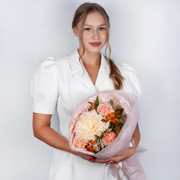 Magnum White Chrysanthemum - 1, Pink carnation - 5, Alstromeria Yellow, Orange - 3, Waxflower (1 pc.), Wrapping Paper