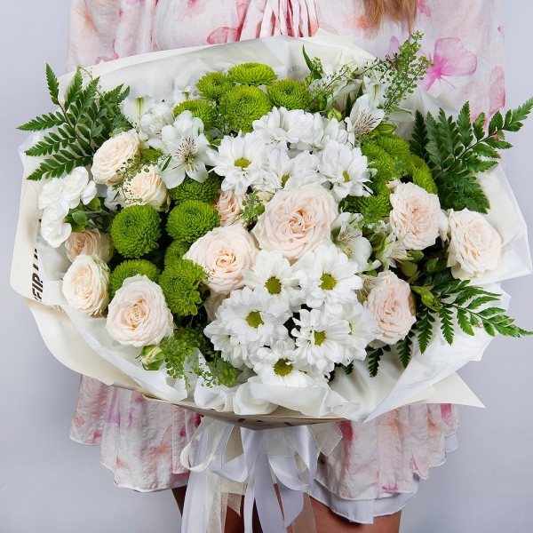 Bacardi White Spray Chrysanthemum - 2, Peony sprayrose - 3, Alstromeria white, soft pink - 5, White spray carnation - 4, Athos pom Feeling Green - 3, Green bell (1 pc.), Fern (1 pc.), Wrapping Paper