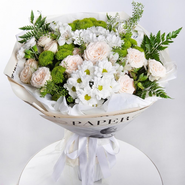 Bacardi White Spray Chrysanthemum - 2, Peony sprayrose - 3, Alstromeria white, soft pink - 5, White spray carnation - 4, Athos pom Feeling Green - 3, Green bell (1 pc.), Fern (1 pc.), Wrapping Paper