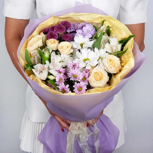 Bacardi White Spray Chrysanthemum - 1, Daisy poms Santini pink, purple - 1, Alstromeria white, soft pink - 5, Matthiola Lilac - 1, Spray rose: white, cream, light pink 50 cm - 4, Spray Chrysanthemum Newton purple - 1, Wrapping Paper