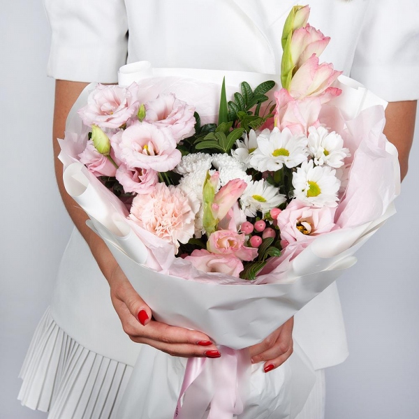 Pink Gladiolus - 2, Pink Lisianthus (Eustoma) - 1, Baltica White Spray Chrysanthemum - 1, Pink carnation - 6, Bacardi White Spray Chrysanthemum - 1, Hypericum, Pistachio, Wrapping Paper