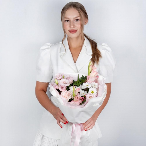 Pink Gladiolus - 2, Pink Lisianthus (Eustoma) - 1, Baltica White Spray Chrysanthemum - 1, Pink carnation - 6, Bacardi White Spray Chrysanthemum - 1, Hypericum, Pistachio, Wrapping Paper