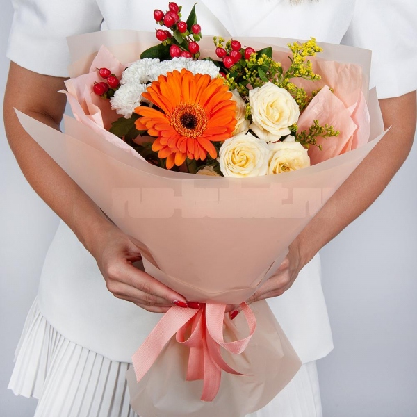 Gerbera daisies - 5, Baltica White Spray Chrysanthemum - 1, Spray rose: white, cream, light pink 50 cm - 1, Solidago (1 pc.), Hypericum, Wrapping Paper