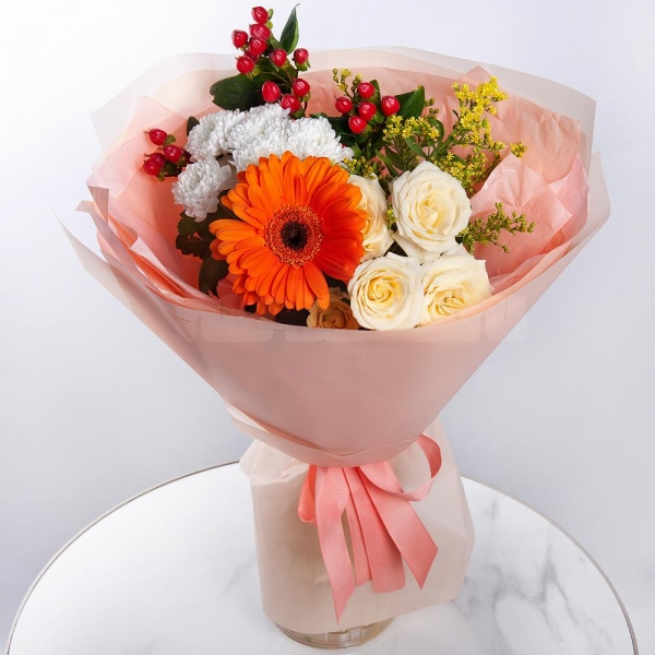 Gerbera daisies - 5, Baltica White Spray Chrysanthemum - 1, Spray rose: white, cream, light pink 50 cm - 1, Solidago (1 pc.), Hypericum, Wrapping Paper