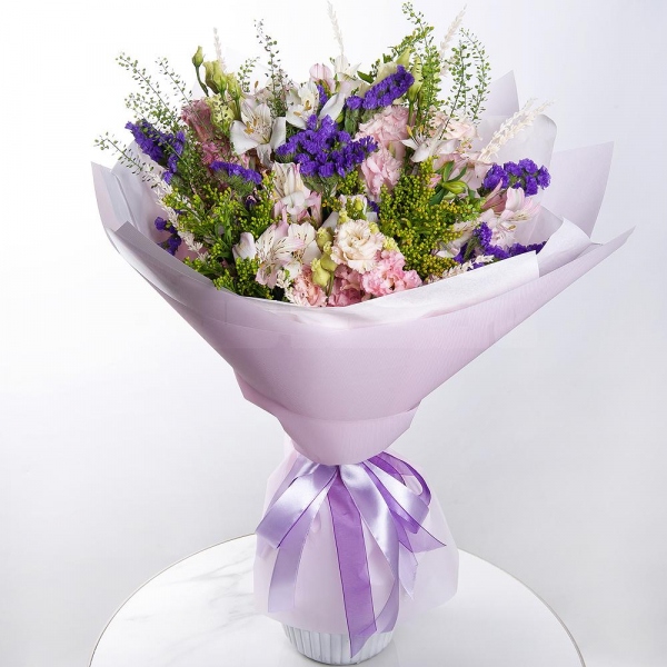 Pink Lisianthus (Eustoma) - 3, Alstromeria white, soft pink - 10, Blue Statice, Solidago (1 pc.), Green bell (1 pc.), Dried flowers in assortment, Wrapping Paper