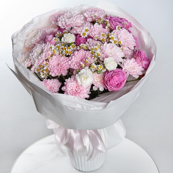 Baltica Pink Spray Chrysanthemum - 4, Peony sprayrose - 3, White spray carnation - 7, Chamomile - 3, Wrapping Paper