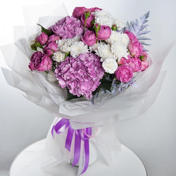 Blue/purple hydrangea - 2, Peony sprayrose - 4, White spray carnation - 9, Baltica White Spray Chrysanthemum - 5, Fern (1 pc.), Wrapping Paper