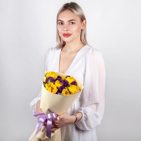 Тюльпан желтый - 9, Статица синяя, Современная упаковка