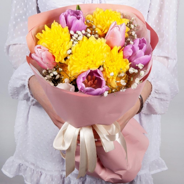 Baltica Yellow Spray Chrysanthemum - 1, Pink tulip - 3, Gypsophila - 1, Lilac tulip - 4, Wrapping Paper