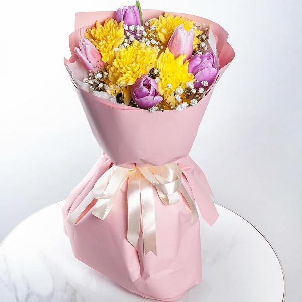 Baltica Yellow Spray Chrysanthemum - 1, Pink tulip - 3, Gypsophila - 1, Lilac tulip - 4, Wrapping Paper