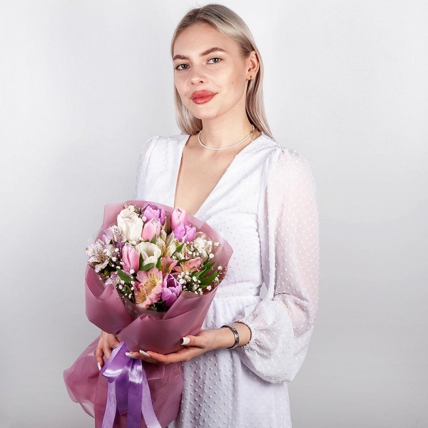 Alstromeria white, soft pink - 3, Pink tulip - 6, Gypsophila - 1, Tulip white - 6, Lilac tulip - 5, Wrapping Paper