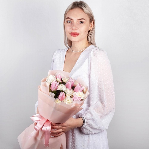 White spray carnation - 6, Pink tulip - 11, Wrapping Paper, Pistachio