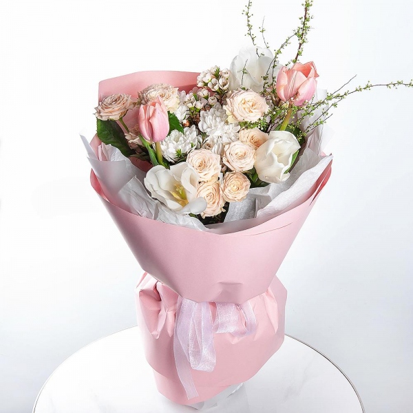 Tulip white - 4, Spray rose: white, cream, light pink 50 cm - 3, Baltica White Spray Chrysanthemum - 1, Pink tulip - 3, Artificial branch, Waxflower (1 pc.), Wrapping Paper