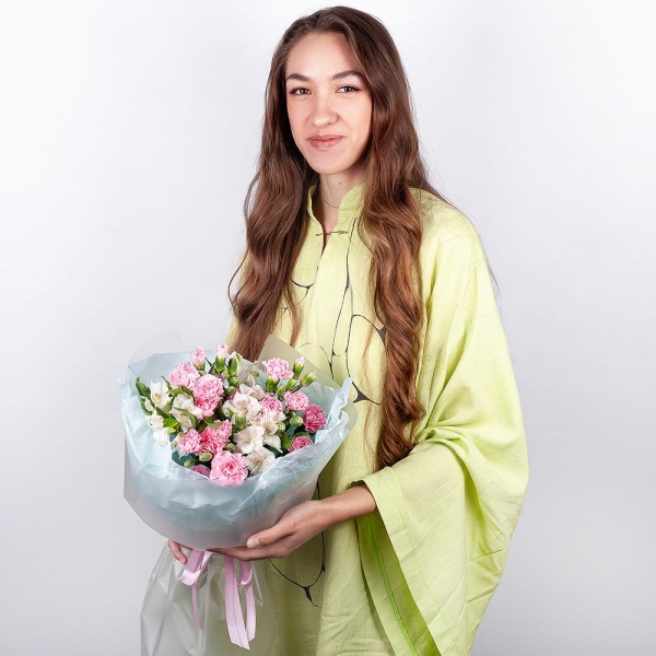 Pink spray carnation - 6, Alstromeria white, soft pink - 5, Wrapping Paper