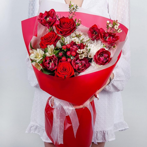 Baltica White Spray Chrysanthemum - 1, Red rose 50 cm - 3, Red tulip - 13, Alstromeria white, soft pink - 3, Hypericum, Waxflower (1 pc.), Wrapping Paper