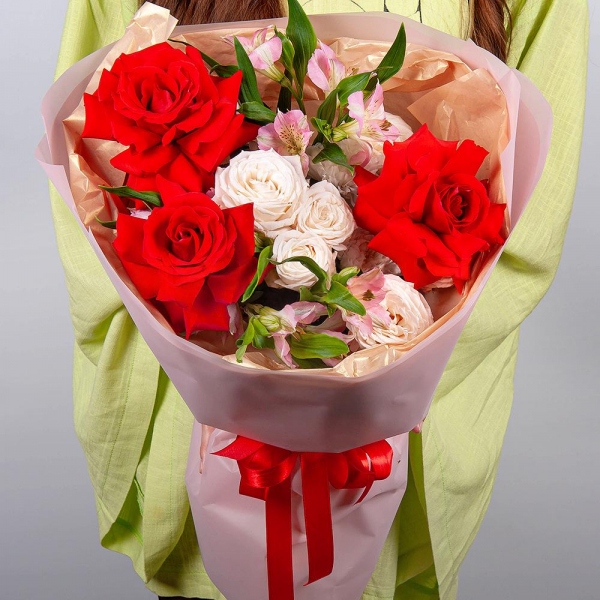 Red rose Nina 50 cm - 3, Baltica White Spray Chrysanthemum - 1, Peony sprayrose - 1, Alstromeria white, soft pink - 6, Wrapping Paper