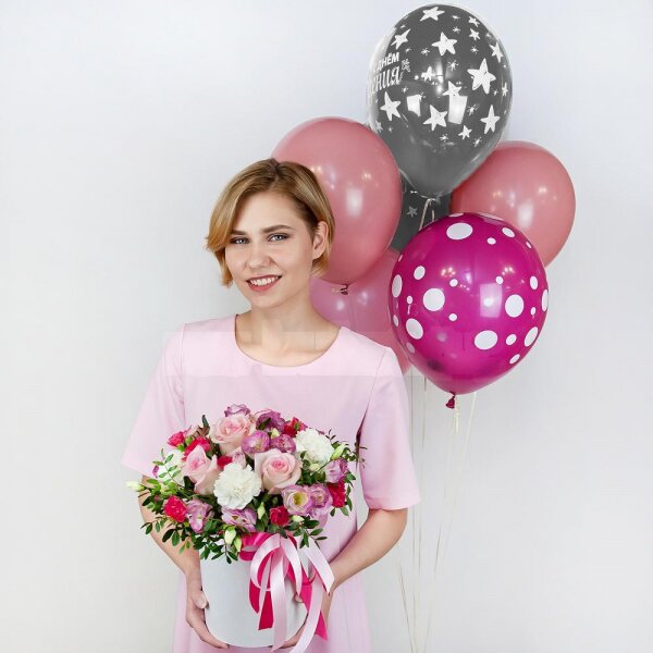 Carnation white, cream - 3, Pink rose 50 cm - 5, Pink Lisianthus (Eustoma) - 5, Pink spray carnation - 3, Round flower box small , Oasis, Film, Pistachio, Ribbon, Helium Balloon (1 pc.)