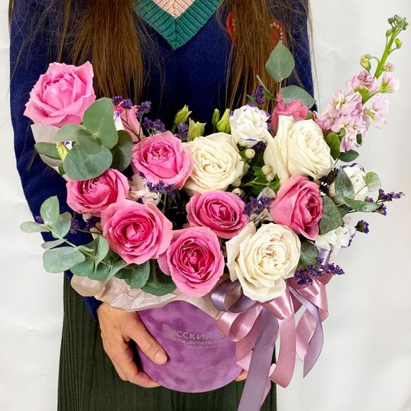 Rose pink Kenya - 11, White rose 50 cm - 4, Pink Matthiola - 1, Purple Lisianthus (Eustoma) - 2, Round flower box small , Oasis, Eucalyptus Cinerea, Limonium (1 pc.), Hypericum, Ribbon, Wrapping Paper